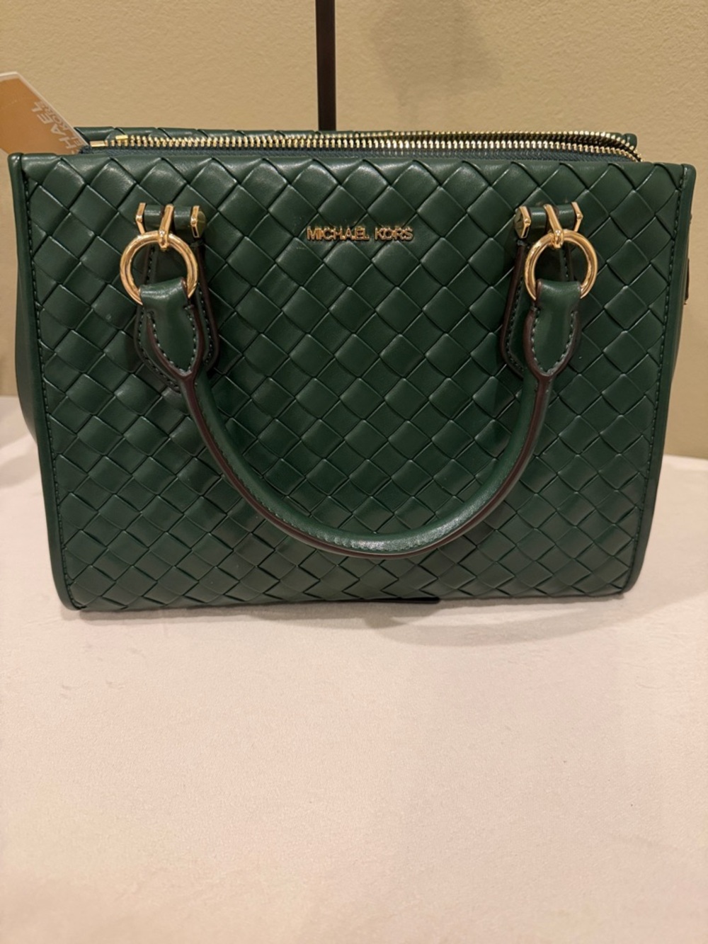 Michael Kors Dark Green Woven Satchel with Gold Hardware